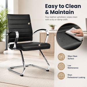 LeisureMod Benmar Modern Leather Office Chair - Ergonomic Sled Base Desk Chair with Fixed Armrests & Sturdy Steel Frame for Home or Executive Office
