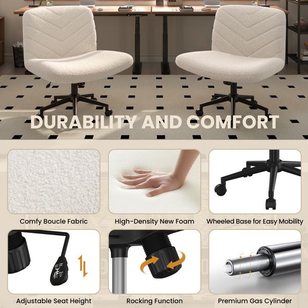 Yaheetech 32.5"H Boucle Swivel Armless Desk Chair, Cross-Legged Rolling Chair for Office, Bedroom & Vanity, Beige