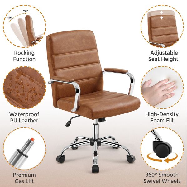 Yaheetech Mid-Back Swivel Office Chair, PU Leather Executive Chair with Adjustable Seat & Chrome Base for Home Office, Light Gray