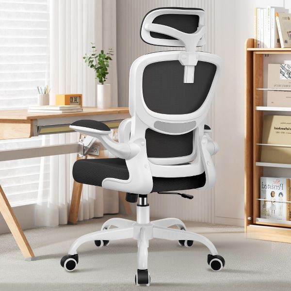 KERDOM Office Chair, Breathable Mesh Comfy Chair with Lumbar Support, Flip-up Armrests, Desk Chair for Adults Home Office, Black