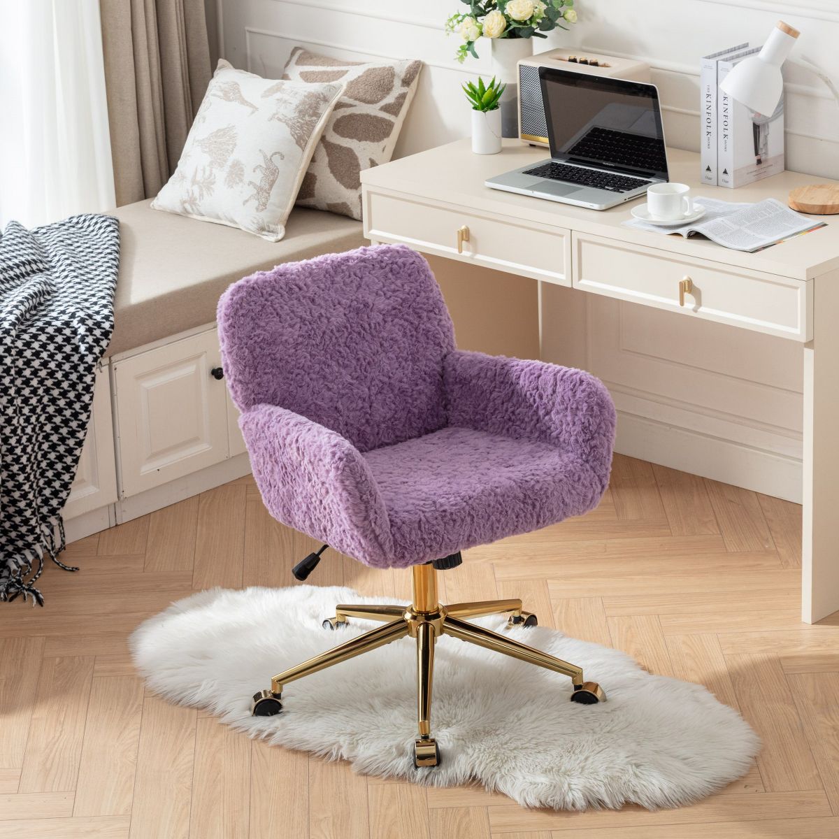 Adjustable Faux Fur Office Chair with Gold Base, Swivel Upholstered Desk Chair with Armrests, Violet
