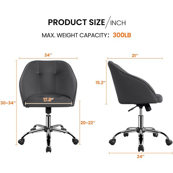 Yaheetech Velvet Desk Chair for Home Office, Soft Height Adjustable 360° Swivel Computer Chair, Gray