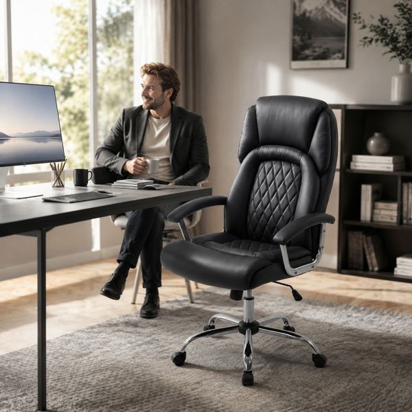 Height Adjustable Big and Tall Office Chair with Reclining Function and Metal Base, Black