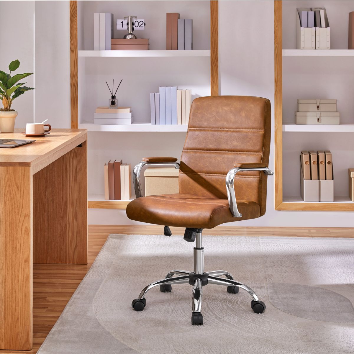 Yaheetech Mid-Back Swivel Office Chair, PU Leather Executive Chair with Adjustable Seat & Chrome Base for Home Office, Light Gray