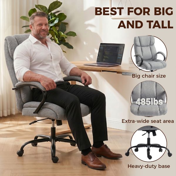 Vinsetto High Back Big and Tall Executive Office Chair 484lbs with Wide Seat Computer Desk Chair with Linen Fabric Swivel Wheels Charcoal Gray