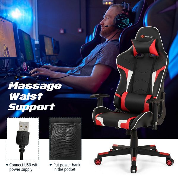 Costway Massage Gaming Chair Reclining Swivel Racing Office Chair w/Lumbar Support Blue