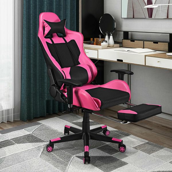 Costway Massage Gaming Chair Reclining Racing Office Computer Chair with Footrest Pink