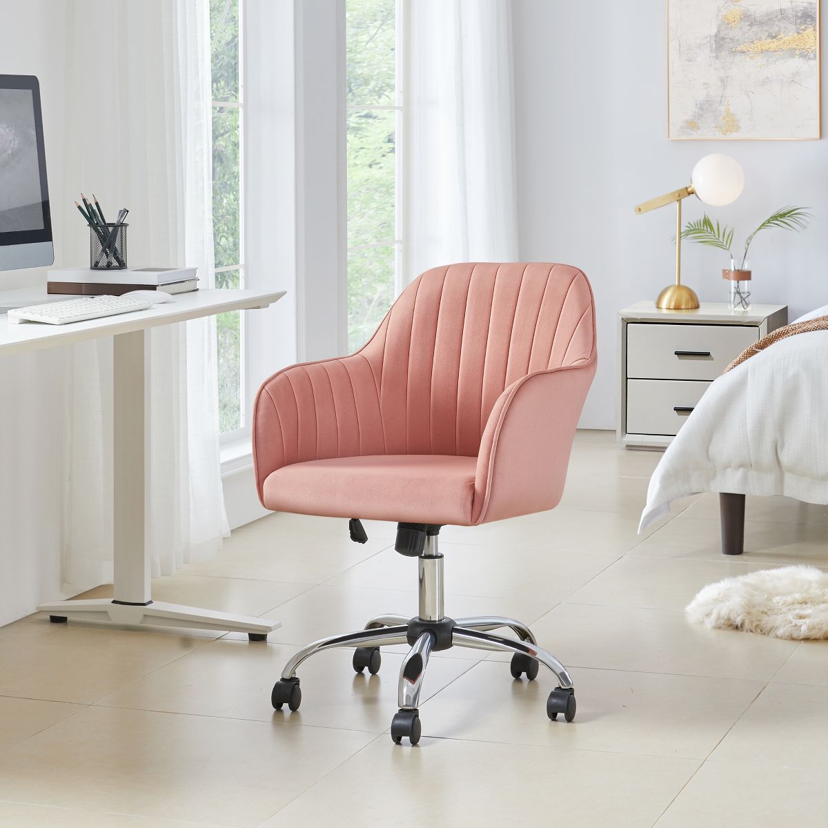 Yaheetech Modern Faux Leather Desk Chair, 360° Swivel Height Adjustable Upholstered Computer Chair for Home Office Study, Dark Gray