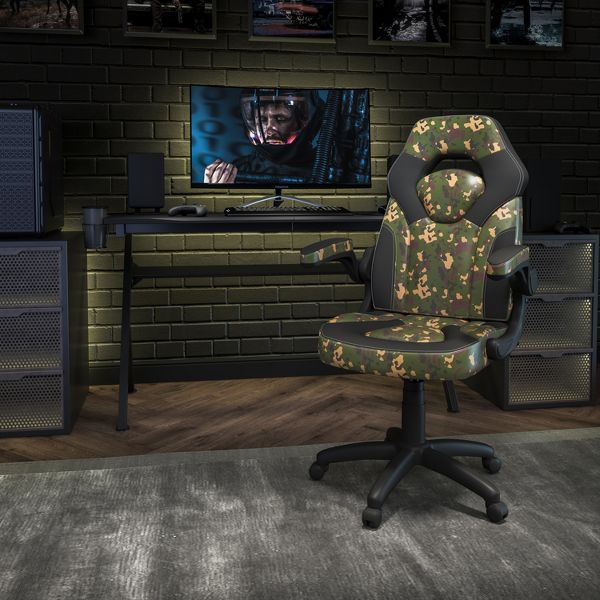 Flash Furniture X10 Gaming Chair, Racing Ergonomic Office Chair, Height Adjustable Swivel Computer Chair w/ Flip-Up Arms, Camouflage/Black LeatherSoft