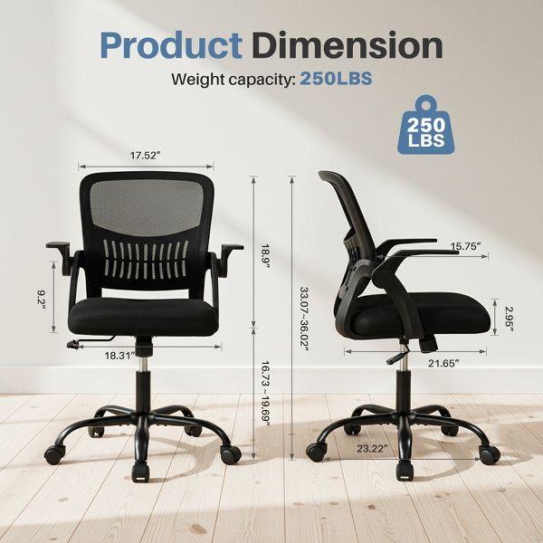 Bestier 23-in W Ergonomic Mesh Office Chair with Breathable Waist Support Adjustable Height for Home Office Study Gaming, Black