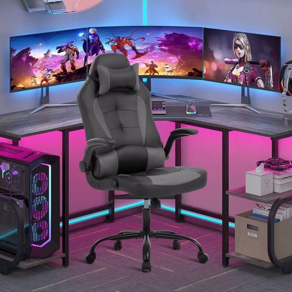 FDW PC Gaming Chair Office Chair Desk Chair with Lumbar Support Flip Up Arms Headrest, Black