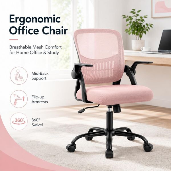 Bestier 23-in W Ergonomic Mesh Office Chair with Breathable Waist Support Adjustable Height for Home Office Study Gaming, Black