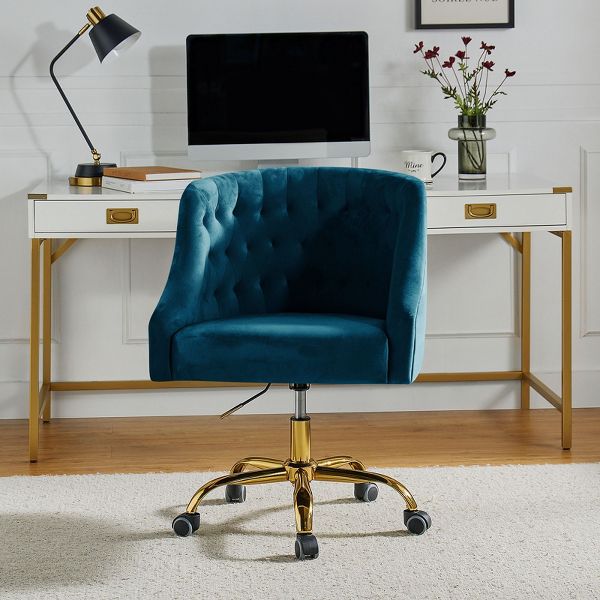 Anika Modern Velvet Height-adjustable Swivel Task Office Chair with Button-tufted Back and Gold Base | Karat Home - Black