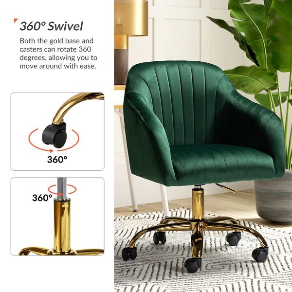 Alex Velvet Height-adjustable Swivel Task Office Chair with Channel-tufted Back and Gold Metal Base | Karat Home - Black
