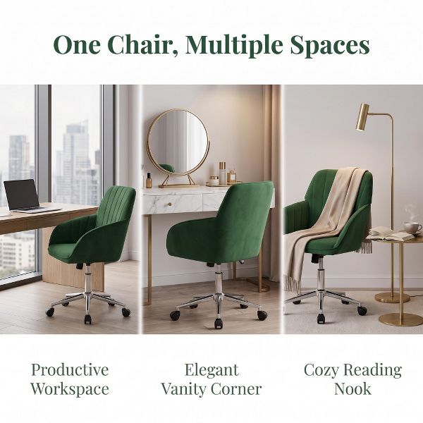 LauKingdom Adjustable Velvet Office Chair, Ergonomic Swivel Vanity Chair with Backrest Support, Comfortable Cute Desk Chair for Bedroom, Living Room