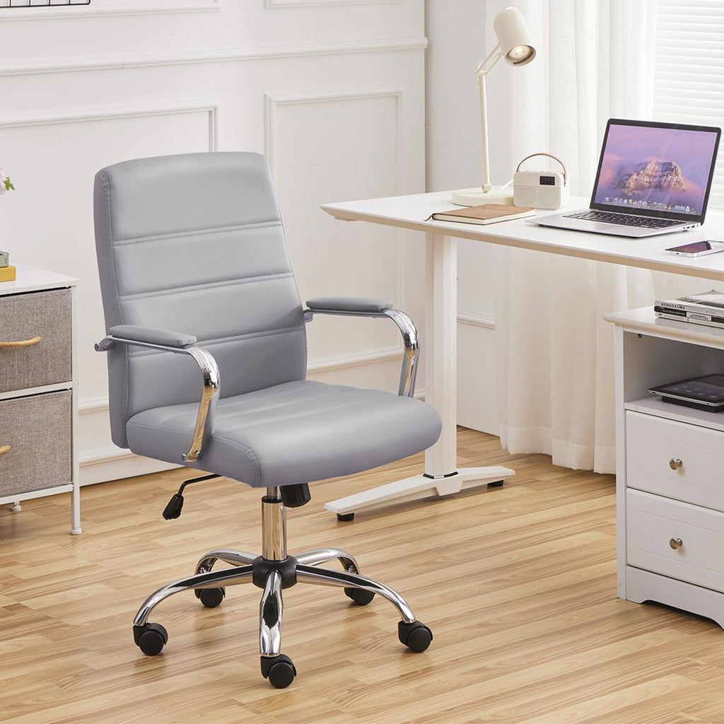 Yaheetech Mid-Back Swivel Office Chair, PU Leather Executive Chair with Adjustable Seat & Chrome Base for Home Office, Light Gray