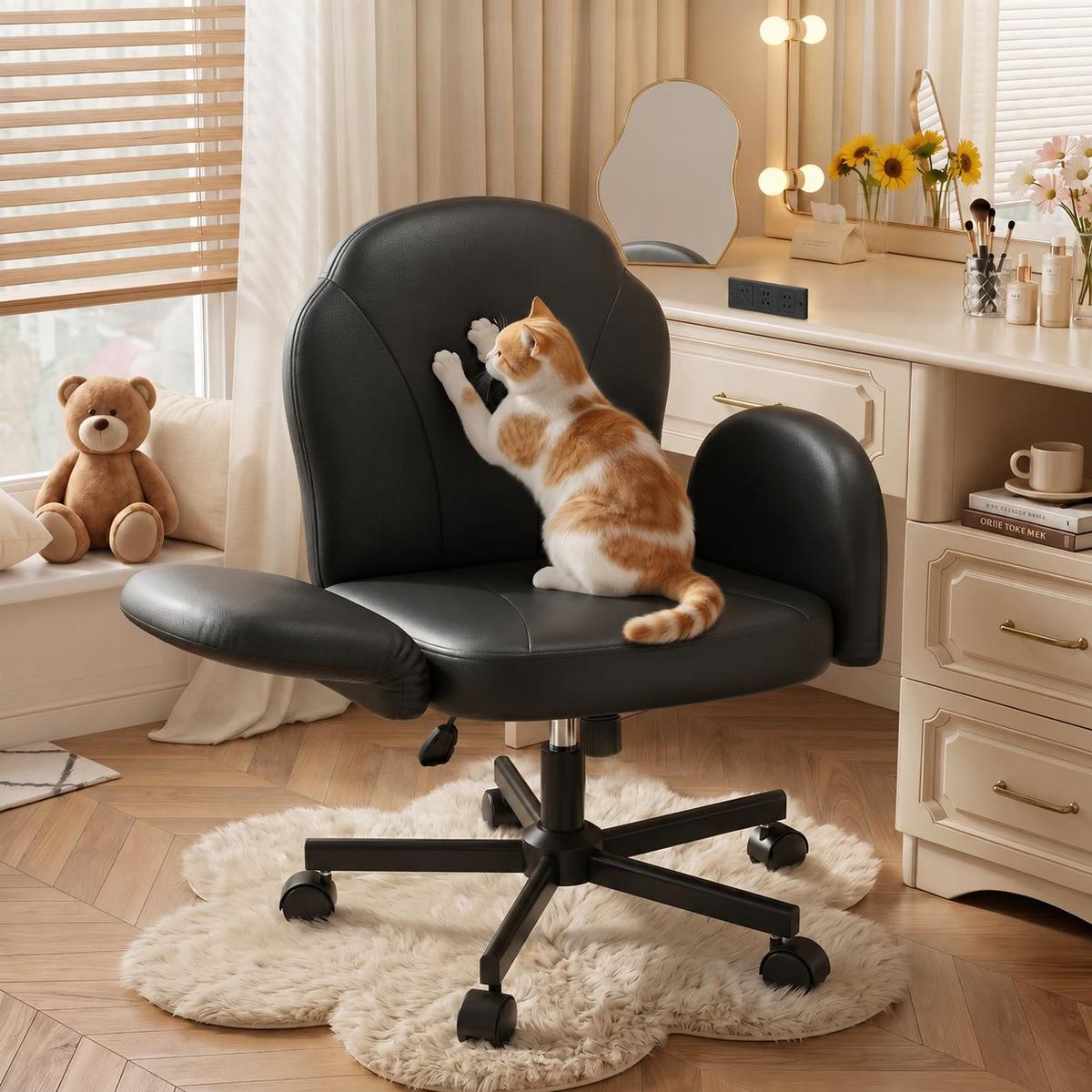 Bestier Criss Cross Chair Vanity Desk Chair with Foldable Armrests, Reclining Office Chair for Home Office, Makeup & Reading,Pet-Friendly, Beige