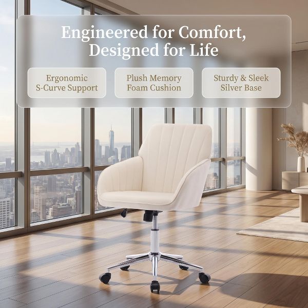 LauKingdom Adjustable Velvet Office Chair, Ergonomic Swivel Vanity Chair with Backrest Support, Comfortable Cute Desk Chair for Bedroom, Living Room