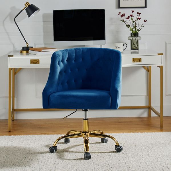 Anika Modern Velvet Height-adjustable Swivel Task Office Chair with Button-tufted Back and Gold Base | Karat Home - Black