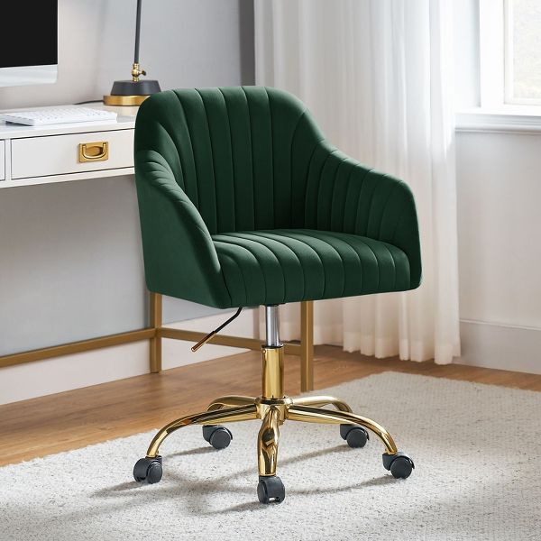 Alex Velvet Height-adjustable Swivel Task Office Chair with Channel-tufted Back and Gold Metal Base | Karat Home - Black