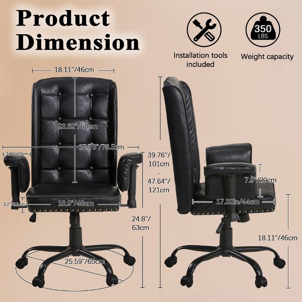 VECELO Ergonomic Leather Office Chair, Adjustable Swivel Desk Chair with Armrests & Lumbar Support, Black
