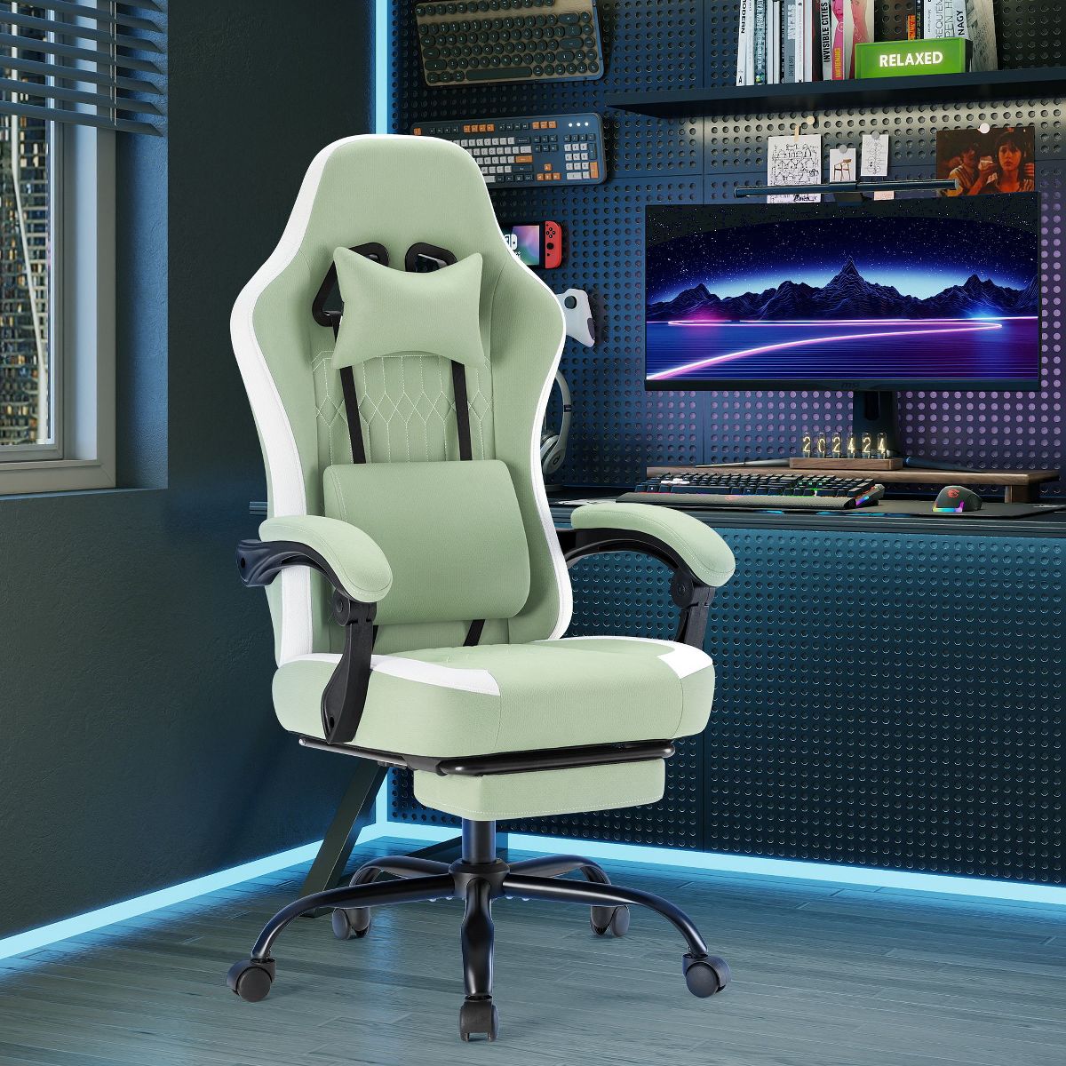JIONJOY Ergonomic Gaming Chair with Footrest - High Back Lumbar Support, Adjustable Recline& Height, Swivel Computer Desk Chair-BK