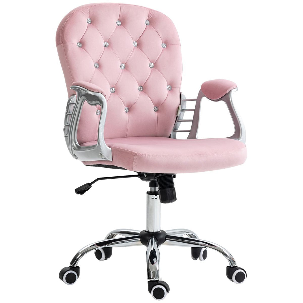 Vinsetto Vanity Velvet Mid Back Office Chair Swivel Tufted Backrest Task Chair with Padded Armrests, Adjustable Height, Rolling Wheels, Pink