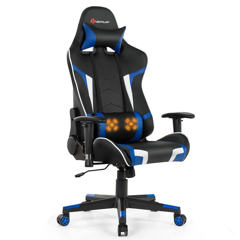 Costway Massage Gaming Chair Reclining Swivel Racing Office Chair w/Lumbar Support Blue