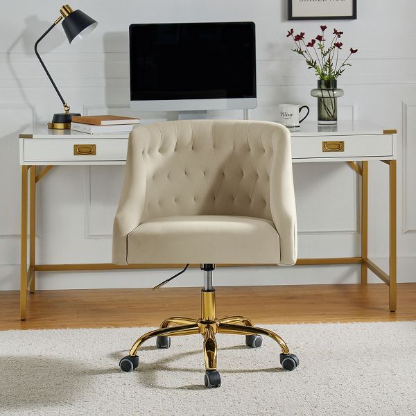 Anika Modern Velvet Height-adjustable Swivel Task Office Chair with Button-tufted Back and Gold Base | Karat Home - Black