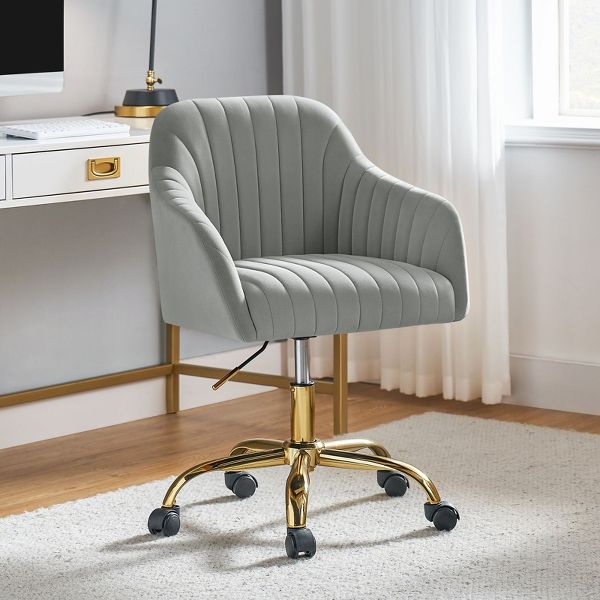 Alex Velvet Height-adjustable Swivel Task Office Chair with Channel-tufted Back and Gold Metal Base | Karat Home - Black