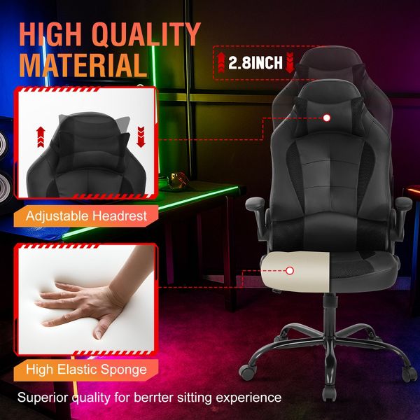 FDW PC Gaming Chair Office Chair Desk Chair with Lumbar Support Flip Up Arms Headrest, Black