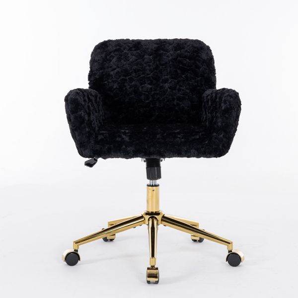 Adjustable Faux Fur Office Chair with Gold Base, Swivel Upholstered Desk Chair with Armrests, Black