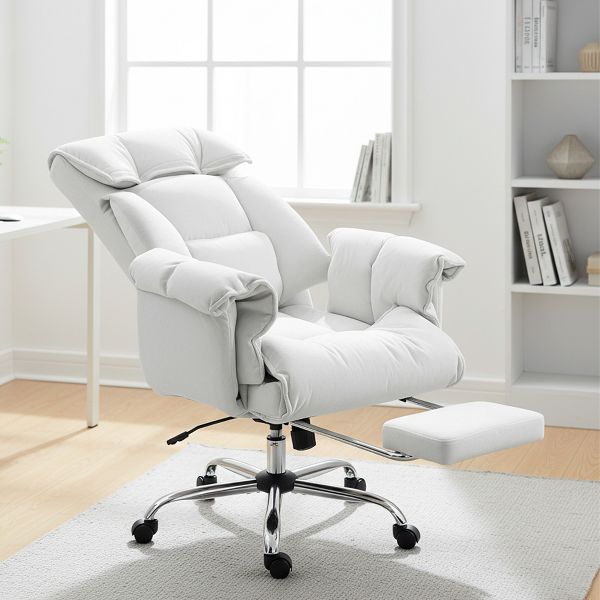 High Back Office Chair with Footrest Reclining Desk Chair High Resilience Foam Rolling Wheels Cream