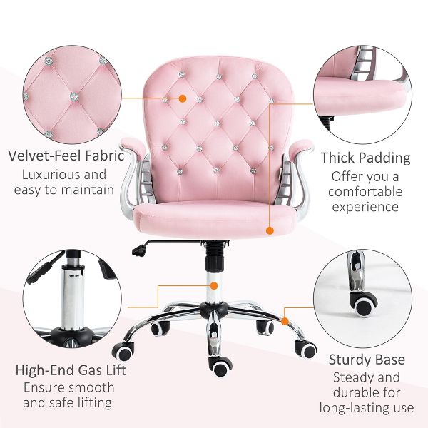Vinsetto Vanity Velvet Mid Back Office Chair Swivel Tufted Backrest Task Chair with Padded Armrests, Adjustable Height, Rolling Wheels, Pink