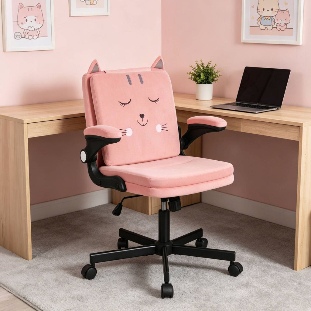 VECELO Cat-Themed Office Chair, Adjustable Height Upholstered Desk Chair with Flip Arms, 360° Swivel Ergonomic Study Chair, Pink