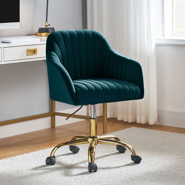 Alex Velvet Height-adjustable Swivel Task Office Chair with Channel-tufted Back and Gold Metal Base | Karat Home - Black