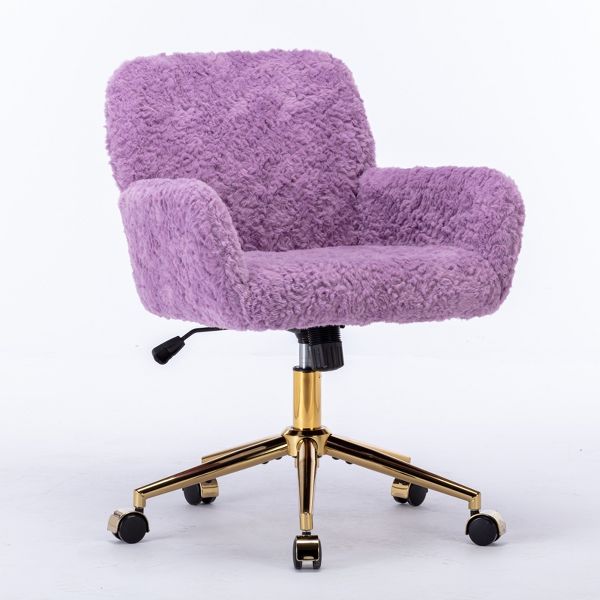 Adjustable Faux Fur Office Chair with Gold Base, Swivel Upholstered Desk Chair with Armrests, Violet