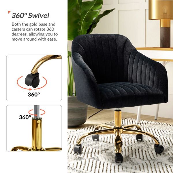 Alex Velvet Height-adjustable Swivel Task Office Chair with Channel-tufted Back and Gold Metal Base | Karat Home - Black
