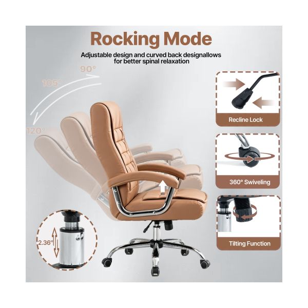 Camel Executive Office Chair, High Back PU Leather Swivel Desk Chair with Spring Cushion, Chrome Armrests and 350 lb Capacity