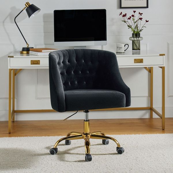 Anika Modern Velvet Height-adjustable Swivel Task Office Chair with Button-tufted Back and Gold Base | Karat Home - Black