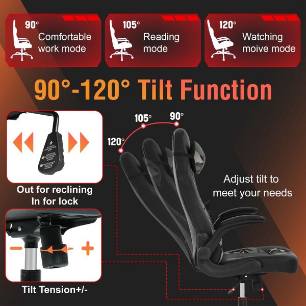 FDW PC Gaming Chair Office Chair Desk Chair with Lumbar Support Flip Up Arms Headrest, Black