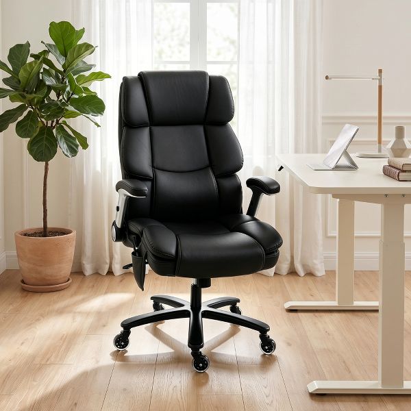 HOMCOM Big and Tall Office Chair with Airbag Lumbar Support, Pet-Friendly Fabric, Computer Chair with Flip-Up Armrests, Pocket Springs, Black