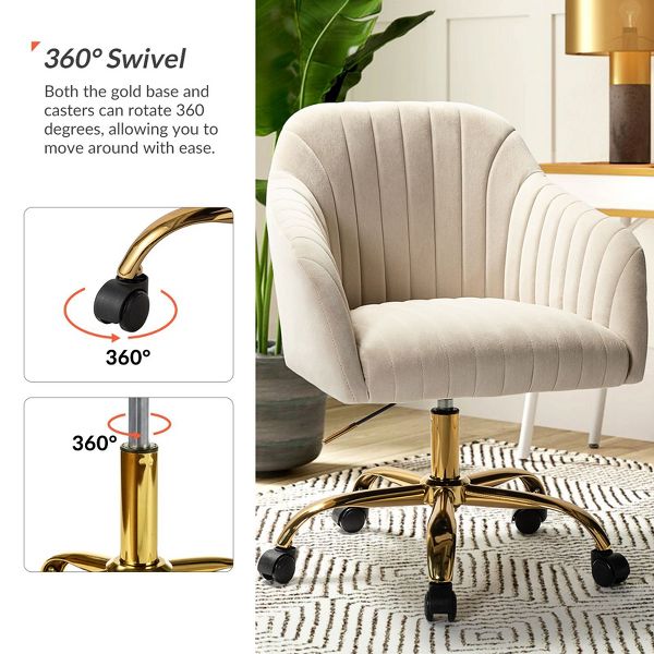 Alex Velvet Height-adjustable Swivel Task Office Chair with Channel-tufted Back and Gold Metal Base | Karat Home - Black