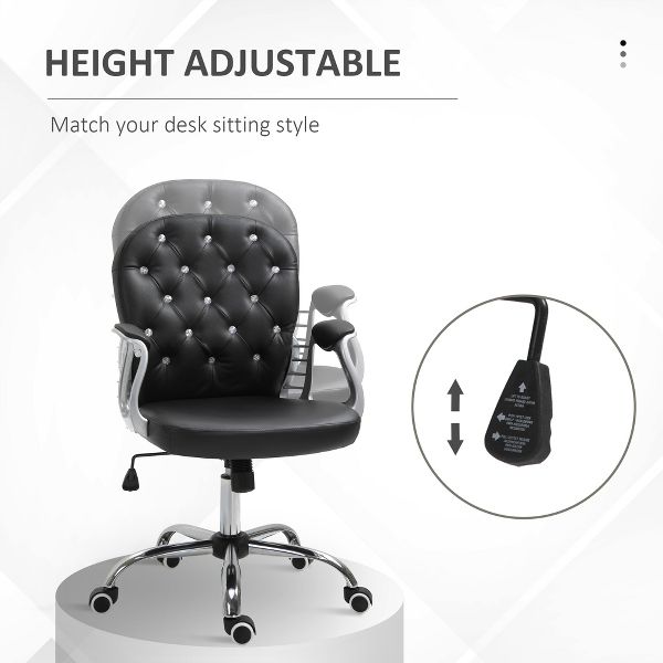 Vinsetto Vanity PU Leather Mid Back Office Chair Swivel Tufted Backrest Task Chair with Padded Armrests, Adjustable Height, Rolling Wheels, Black