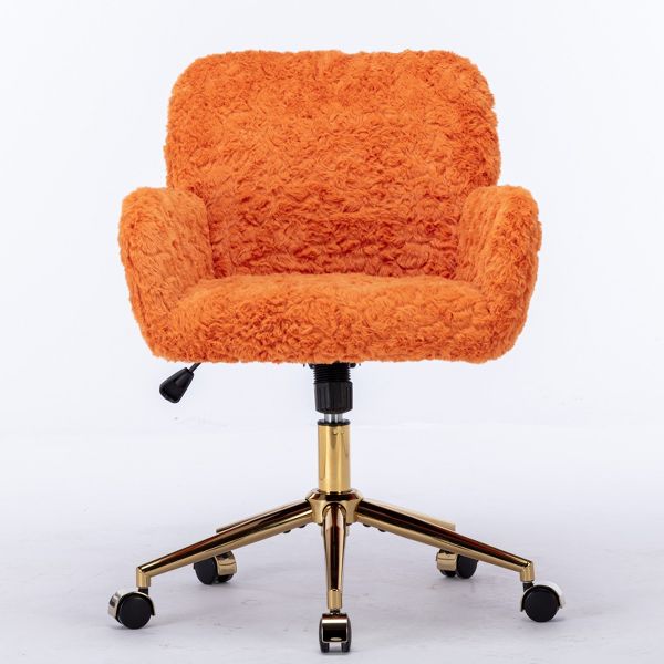 Adjustable Faux Fur Office Chair with Gold Base, Swivel Upholstered Desk Chair with Armrests, Orange