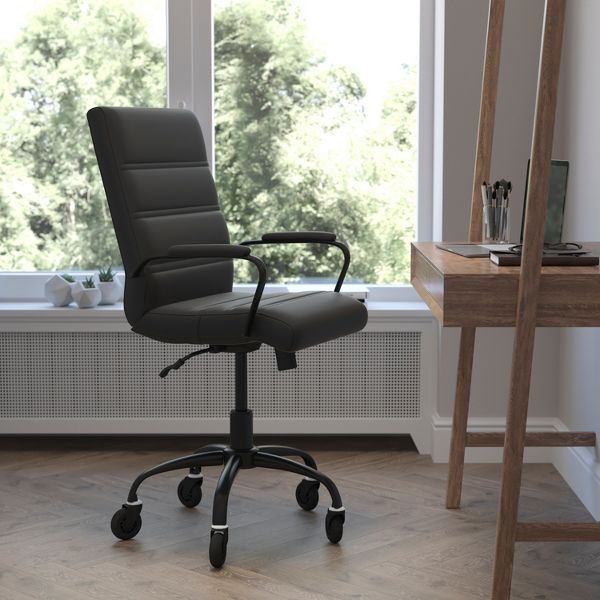 Flash Furniture Camilia Mid-Back Black LeatherSoft Executive Swivel Office Chair with Black Frame, Arms, and Transparent Roller Wheels