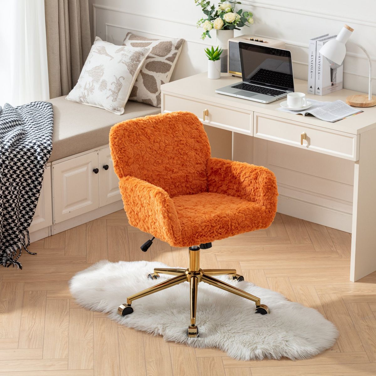 Adjustable Faux Fur Office Chair with Gold Base, Swivel Upholstered Desk Chair with Armrests, Orange