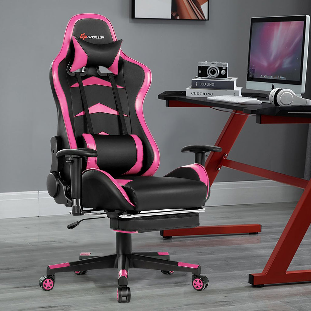 Costway Massage Gaming Chair Reclining Swivel Racing Office Chair with Footrest Pink