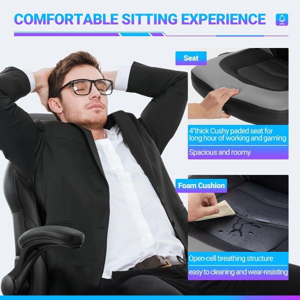 MAYEERTY PU Leather Ergonomic Gaming Chair, Swivel Computer Office Chair with Lumbar Support, Adjustable Height & Rocking Function