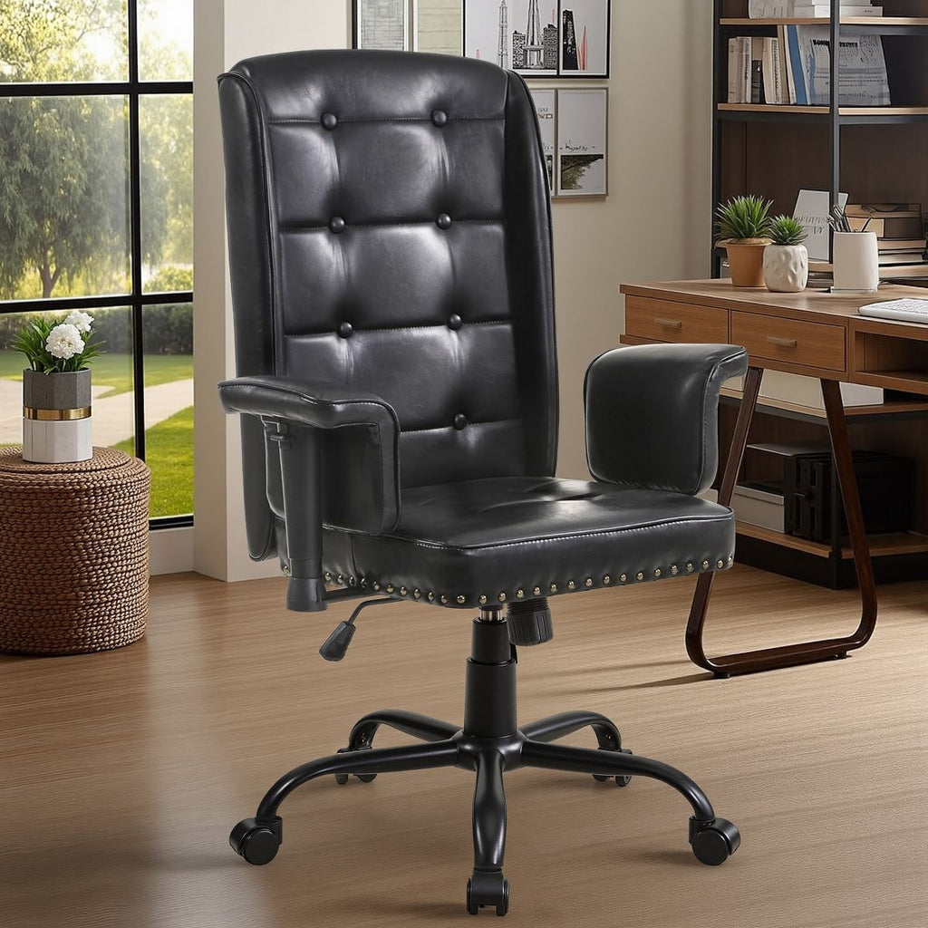 VECELO Ergonomic Leather Office Chair, Adjustable Swivel Desk Chair with Armrests & Lumbar Support, Black